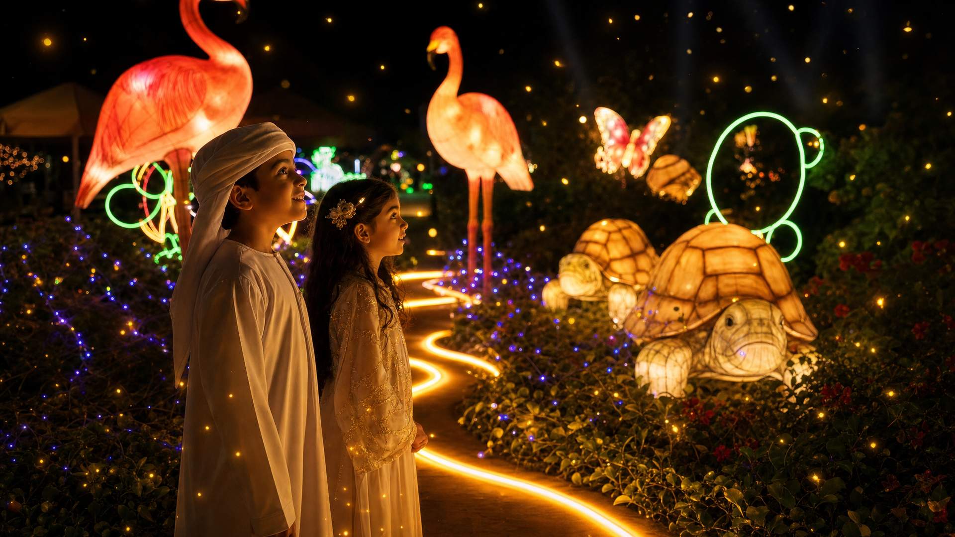 Children viewing glowing flamingo and turtle lanterns along neon garden path at night