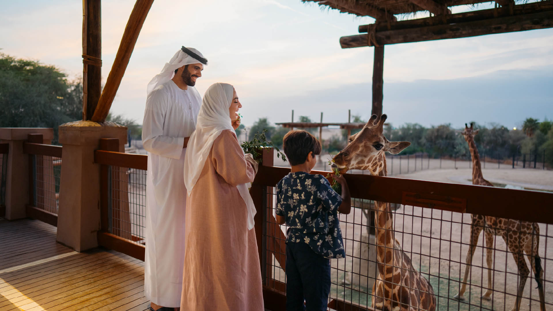 An Emirati family with their young son feeding a giraffe.