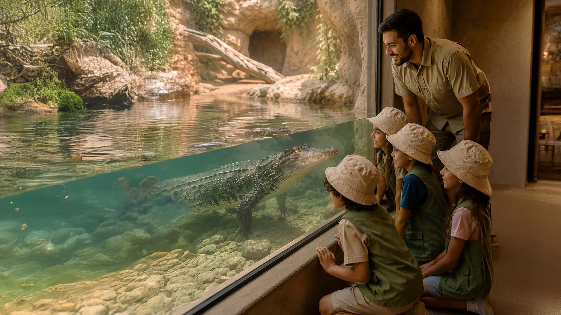 A group of children together with an animal care specialist observing a crocodile submerged in the water inside its exhibit.