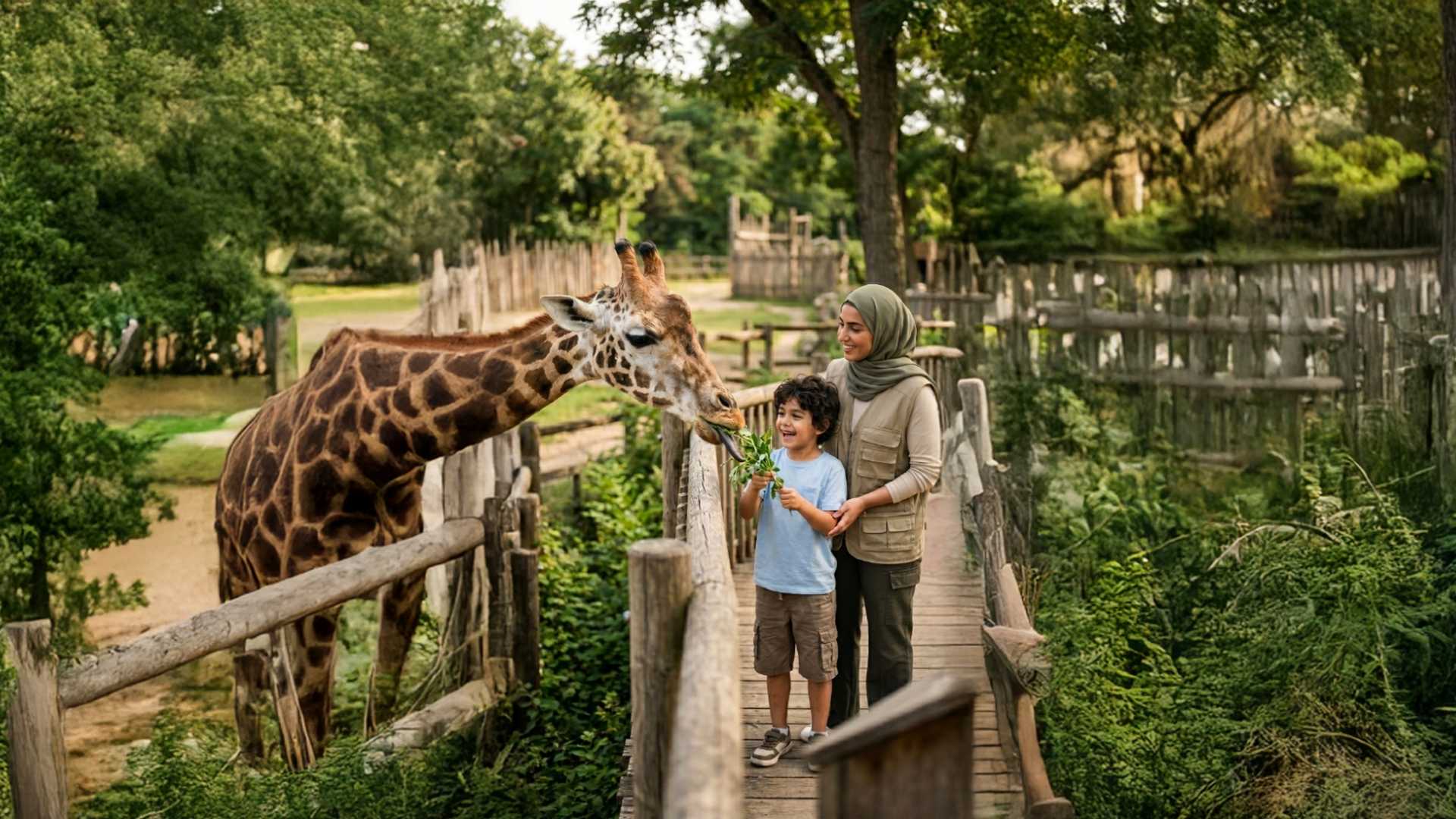 A mother and son feeding green leaves to a giraffe