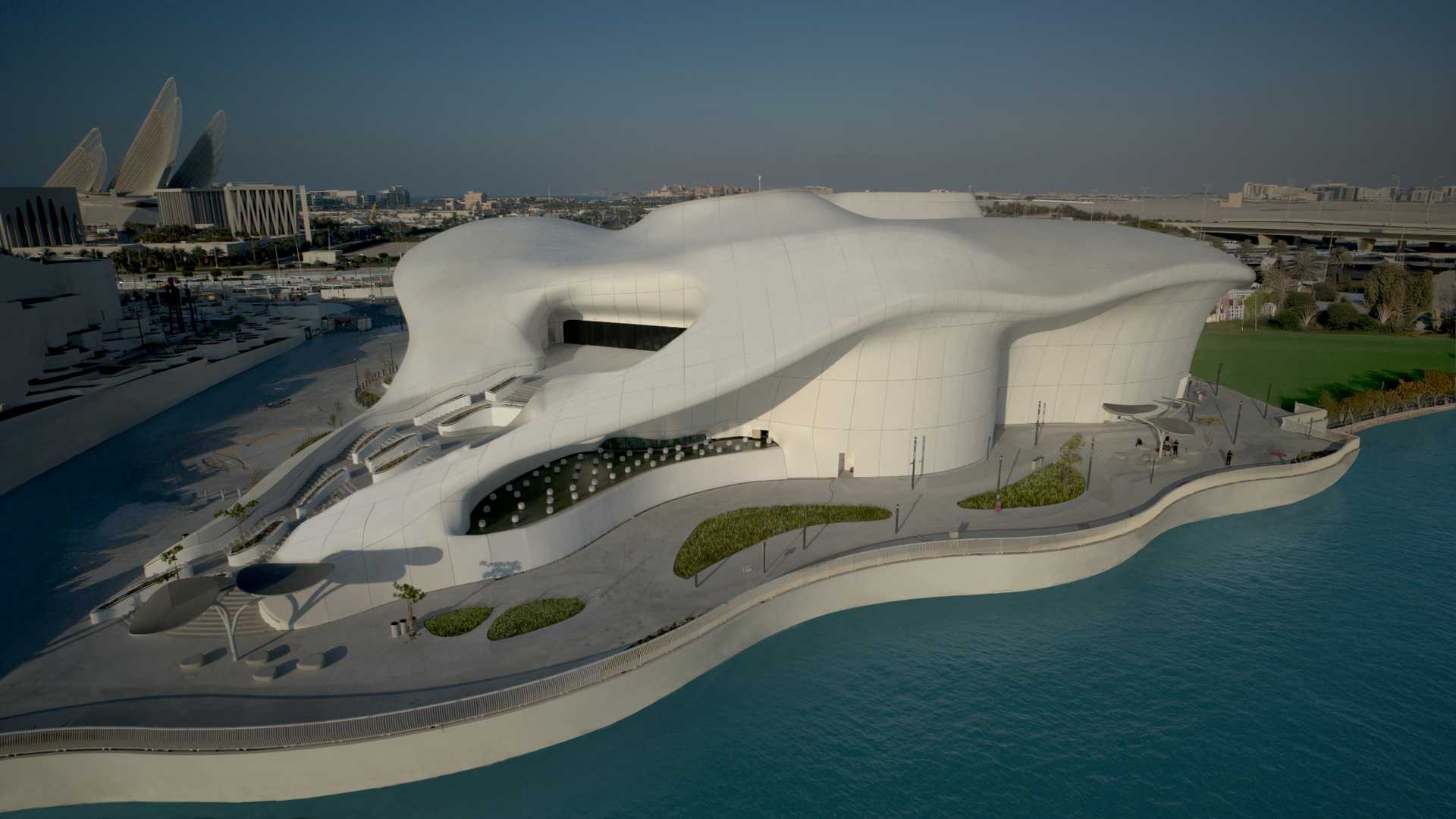 An aerial view of teamLab Phenomena Abu Dhabi building in Saadiyat Cultural District.