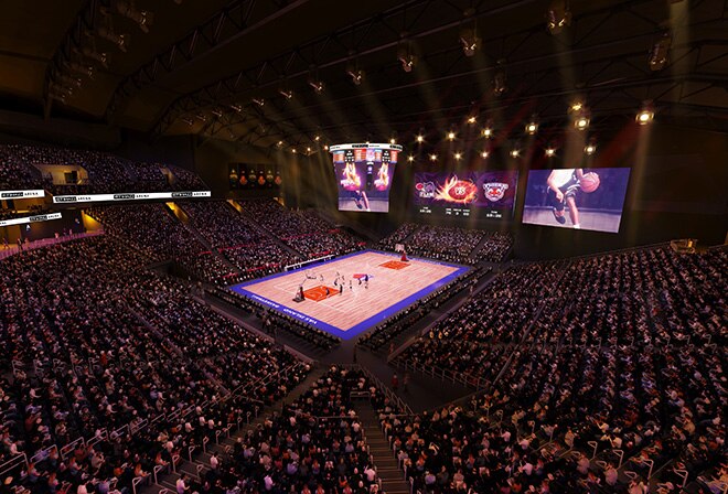 The interior of Etihad Arena on Yas Bay waterfront, Yas Island, the UAE's landmark of entertainment.