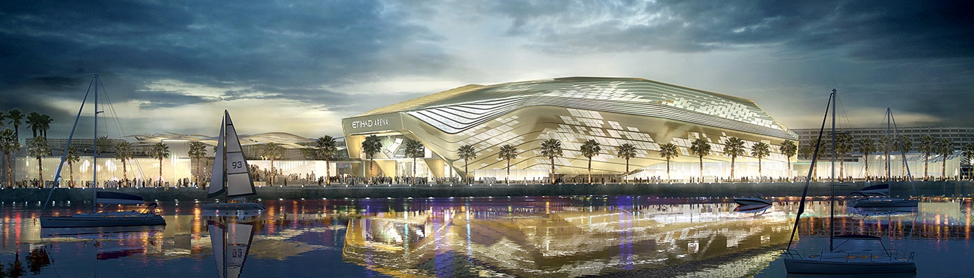 Etihad Arena, the UAE's landmark entertainment and concert venue, lit up at night.