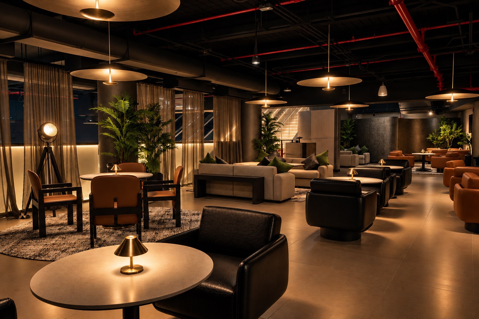 Warm lighting, lounge seating, and forest green accents in Record Lounge