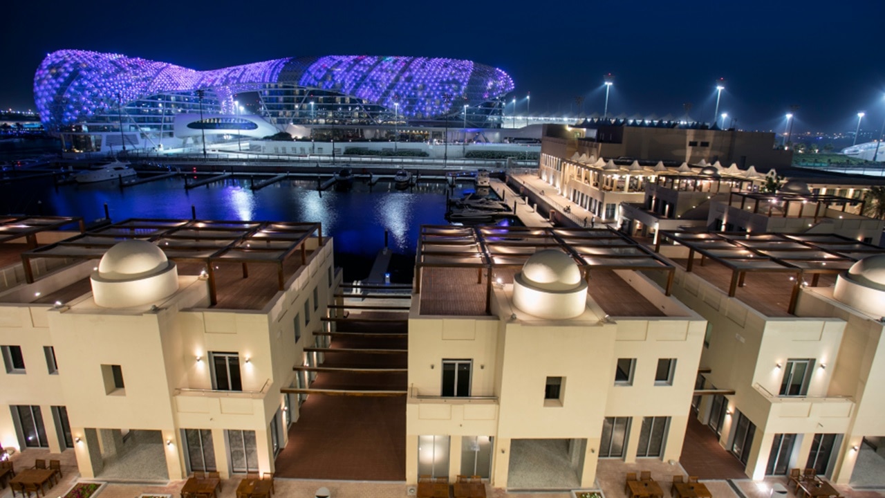 Nightime views of Team Villas and W Abu Dhabi hotel on Yas Marina