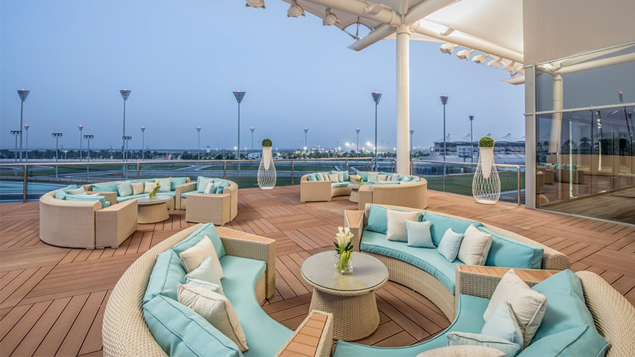 Outdoor rooftop seating at Yas Marina Circuit