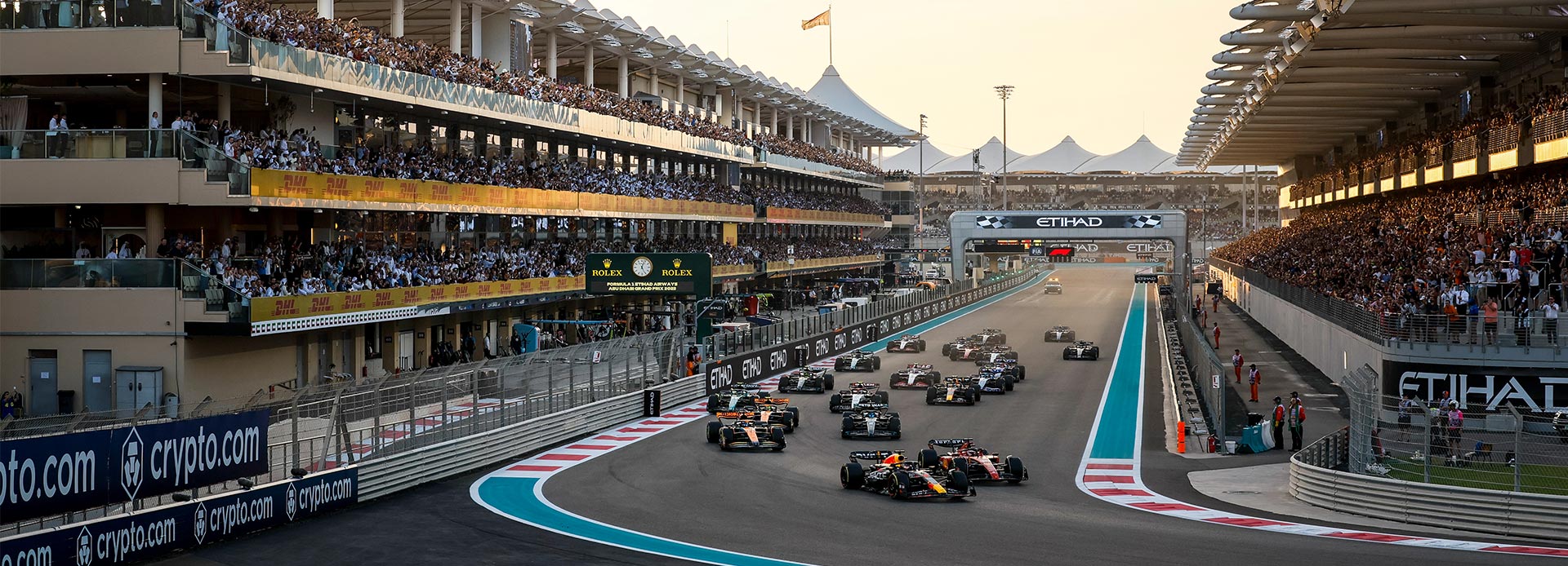View of cars approaching down the straight during the F1 Abu Dhabi Grand Prix.